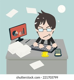 Businessman is Speedy Typing In Office on Desk among huge piles of documents and almost time out.