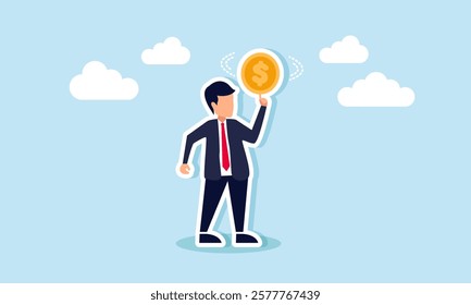 A businessman spinning a dollar coin, illustration of brainstorming to optimize business financial management