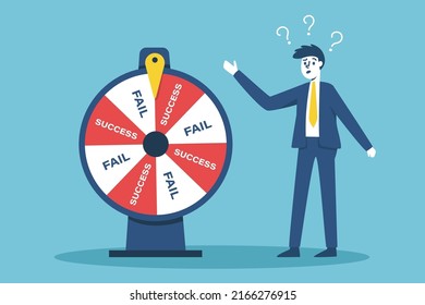 A businessman spins the wheel of his luck but doesn't match the box signifies hesitation in running a business.