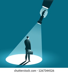 Businessman In the spotlight. A hand holding a flashlight pointing at standing manager. Business concept. Vector illustration 