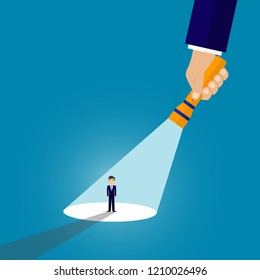 Businessman in spotlight. Human resource recruitment. Person success, employee and career. Vector illustration