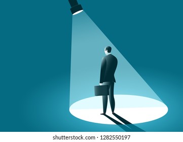 Businessman In The Spotlight. Lantern Directed At Standing Manager. Business Concept. Vector Illustration