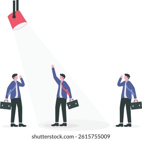 businessman in spotlight, success candidate for job vacancy, outstanding high performance employee, ambition or opportunity concept, confident outstanding businessman standing in bright spotlight.

