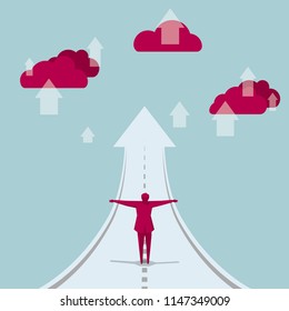 The businessman spread his arms,stood on the road, the end of the road is the arrow symbol. The cloud is red.