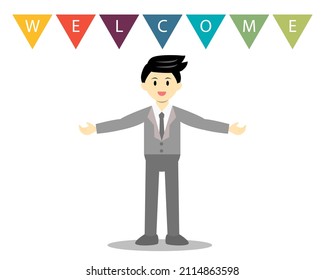 Businessman spreading his arms for welcoming customer. Welcome sign with businessman concept