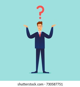 Businessman spreading his hands question. Question mark. Flat design vector illustration.