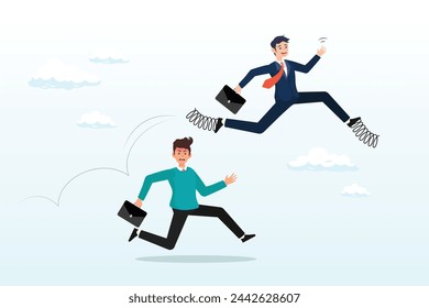 Businessman with spring shoes leap fast over competitor, competitive advantage to win business competition, success strategy, innovation, work efficiency or career promotion, effort or skill (Vector)