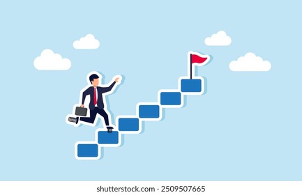 A businessman in spring shoes runs up steps to grab a flag, representing ambition and success, llustration concept of A businessman rapid push to reach goals or to become a leader in his industry