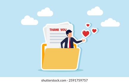 A businessman sprinkles several hearts out of a folder containing papers with the words THANK YOU, illustration of appreciation, satisfaction, and gratitude for good performance