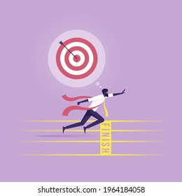 Businessman sprinting on running track and crossing finish line, running to target