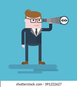 Businessman with spyglass. Conceptual image of a businessman character. Cartoon flat vector illustration. Objects isolated on a background. 