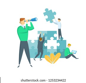 Businessman with a spyglass guiding his team towards success. Teamwork and leadership concept. Businessmen with giant puzzle pieces. Partnership and collaboration. Flat vector illustration. Isolated.