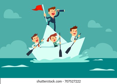 Businessman with spyglass lead business team sailing on paper boat in the ocean