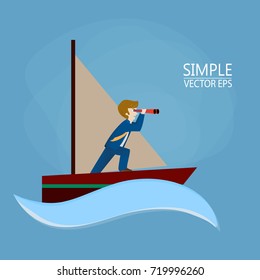 Businessman with spyglass lead business team sailing on paper boat in the ocean
