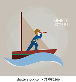 Businessman with spyglass lead business team sailing on paper boat in the ocean