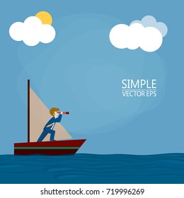 Businessman with spyglass lead business team sailing on paper boat in the ocean