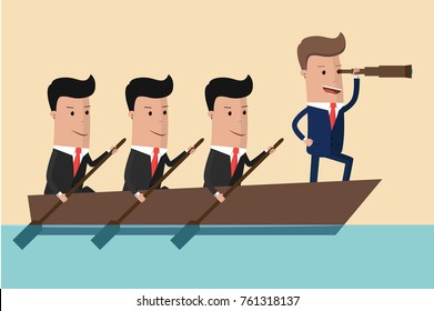 Businessman with spyglass lead business team sailing on boat in the ocean. Vector Illustration