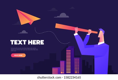 Businessman with spyglass on a paper airplane. Vector illustration Eps10 file. Global colors. Text and Texture in separate layers
