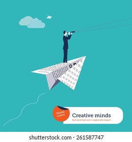 Businessman with spyglass on a paper airplane. Vector illustration Eps10 file. Global colors. Text and Texture in separate layers.