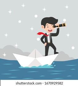 Businessman with spyglass on paper boat on paper boat