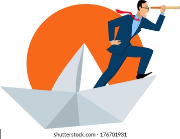 Businessman with a spyglass on a paper boat, rising sun behind him