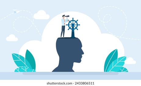 Businessman with spyglass and rudder open his head above cloud storm for clear vision. Business vision to see future opportunity, see real visionary concept. Vector illustration