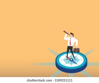 Businessman with spyglass. searching target, find goal direction. man looking through telescope standing on compass. business vision concept