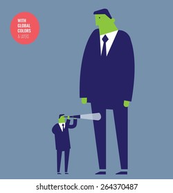 Businessman with spyglass standing in front of a giant. Vector illustration Eps10 file. Global colors&layers.