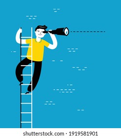 Businessman with spyglass standing on ladder. Business vision, successful future achievements concept