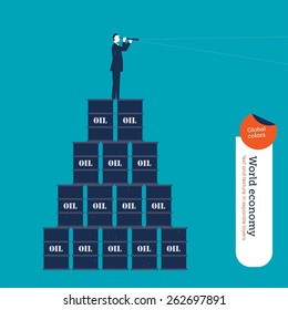 Businessman with spyglass standing in a pyramid of barrels of oil. Vector illustration Eps10 file. Global colors. Text and Texture in separate layers.