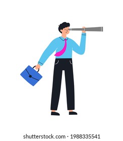 Businessman with a spyglass telescope looking for success, exploring the future. Successful business strategy concept. Flat hand drawn vector illustration.