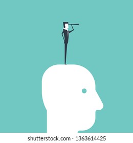 Businessman with spyglasses standing on head.