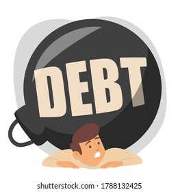 Empresario aplastado por un enorme vector de peso de metal aislado. Deuda, idea de crisis financiera y quiebra. Hombre desesperado.