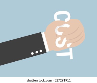 Businessman squeezing word cost. vector. flat design