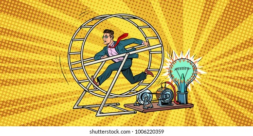 businessman in a squirrel wheel. Pop art retro comic book vector illustration