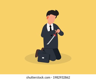 Businessman stabbed himself with a sword. failure business strategy concept