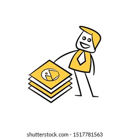 businessman and stack of flyers for branding design yellow stick figure design