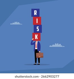 Businessman with a Stack of "RISK" Cubes on His Head 2d flat vector illustration