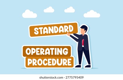 Businessman stacking boards labeled standard operating procedure illustration of arranging SOP in business management