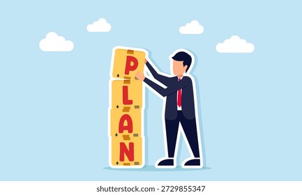 Cajas de apilamiento del hombre de negocios etiquetadas Plan que ilustra la construcción de un Plan maestro para la planificación empresarial