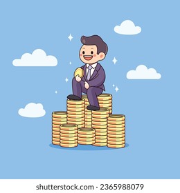 Businessman with stacks of coins cartoon vector illustration