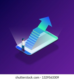 Businessman up stairway on smartphone. Concept business online marketing