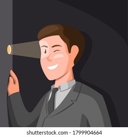 Businessman Stalking From Door Hole. Stalker Symbol Concept In Cartoon Illustration Vector 