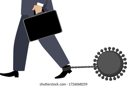 Businessman Is Stalled By A Ball And Chain Shaped As A Coronavirus As A Metaphor For Recession, EPS 8 Vector Illustration