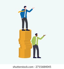 Businessman stand up along the stack of coins. Business concept illustration