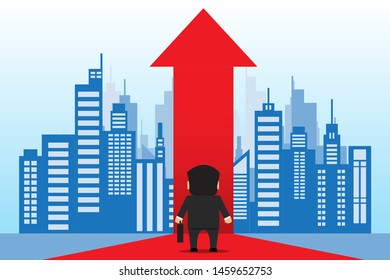 businessman stand back before red arrow way concept direction of successful and growth professional leadership for progress .flat design vector illustration