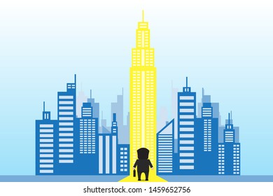 businessman stand back before yellow tower concept enter to successful and growth professional leadership for progress .flat design vector illustration