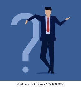 Businessman stand behind question mark and gesture of do not know.