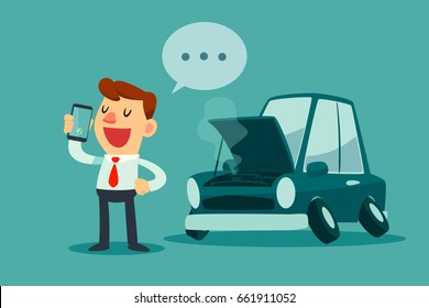 businessman stand beside his broken car and calling car service with mobile phone