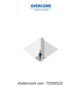 Businessman stand in a deep hole and find the way to bring himself to the upstairs. Business concept of hope, vision and success.